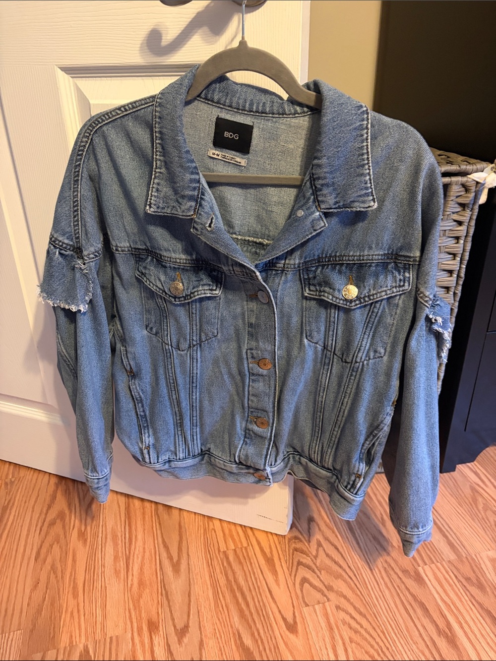 BDG Medium Wash Blue Denim Jacket with Distressed Sleeves